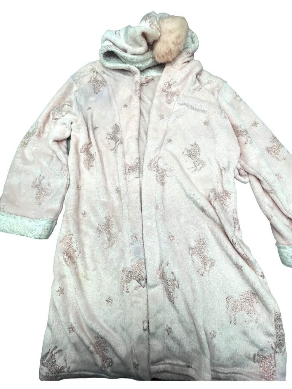 Kensie girl bathrobe unicorn pink hooded polyester kids size medium 10/12 READ